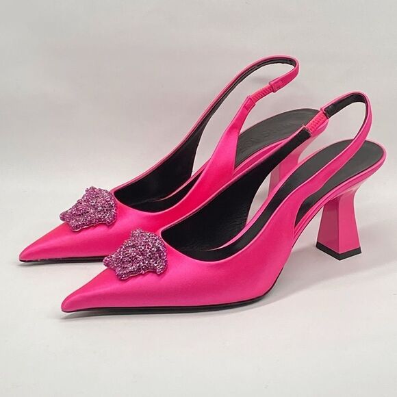 Versace La Medusa Embellished Silk Blend Slingback Pump size 37.5 - Picture 4 of 14